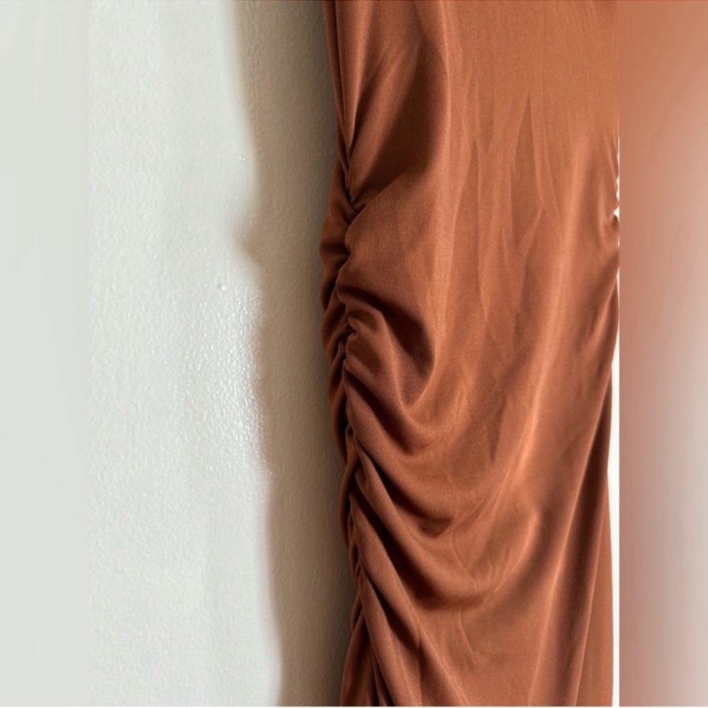 One-Shoulder Brown Maxi Dress with Side Ruching - Picture 5 of 13
